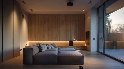 minimalist living room with a custom-built media unit that blends seamlessly into the walls