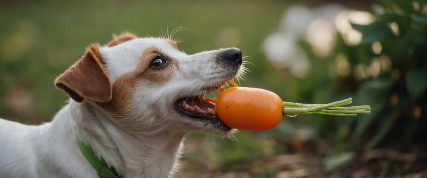 Jack russel terrior dog holding carrot toy in his mouth