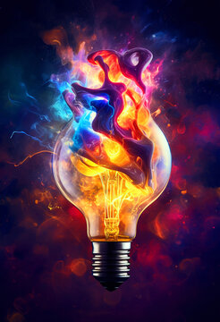 Vibrant liquid paint splatter and colorful light bulb explosion, an artistic inspiration concept
