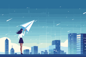 Businesswoman Launches Paper Airplane Symbolizing Email Marketing and Corporate Communication from Urban Rooftop