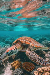 A sea turtle swimming under clear water 