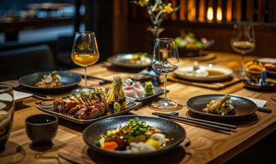 Naklejka premium izakaya food on table, private room, fancy modern izakaya restaurant in Seoul, luxury with wide background