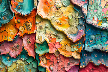 Closeup of a colorful abstract painting with a textured, marbled surface