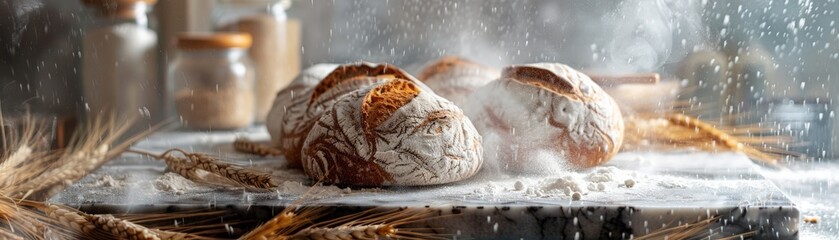 Rustic kitchen scene with handmade rye bread loaves cooling on a vintage marble slab, surrounded by loose flour and wheat stalks, capturing the essence of traditional baking