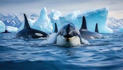 Naklejka premium Groups of Orcas or killer whales swim and hunt for prey, the top of the food chain in a sea of ​​ice floes