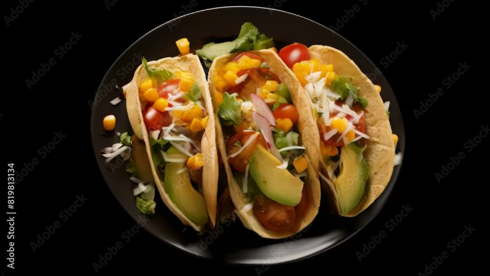 Poster Three tacos with lettuce, tomatoes, and corn on a black plate - Posters
