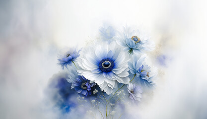 Dekoracyjne zawilce, niebieskie i białe odcenie, abstrakcja