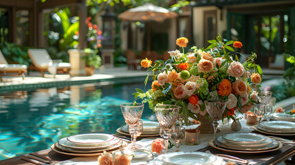 Outdoor dining table with floral arrangements by the pool. Table setting for a special occasion or celebration. Summer party concept. Design for invitation, greeting card, postcard, banner, poster