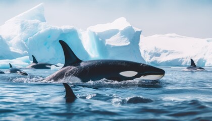 Fototapeta premium Groups of Orcas or killer whales swim and hunt for prey, the top of the food chain in a sea of ​​ice floes