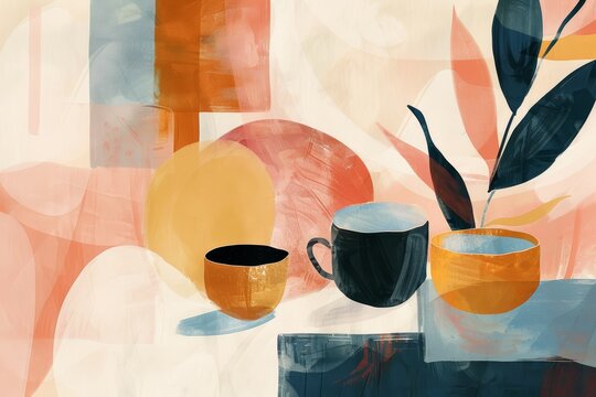 Abstract Representation of Morning Flavors at a Bakery Cafe with Soft Warm Colors and Fluid Shapes for Design and Print