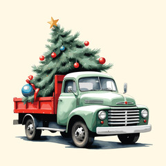 Christmas Tree With Christmas Truck Watercolor