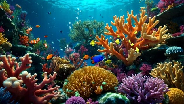 Underwater View With Coral Reefs And Exotic Fish And Bubbles