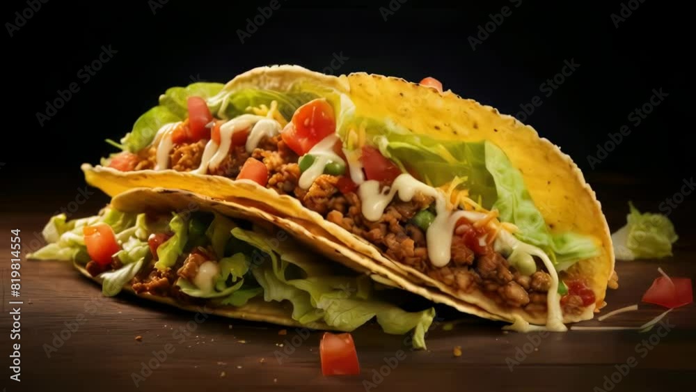 Poster A taco with lettuce, tomatoes, and cheese on top. The taco is on a wooden table