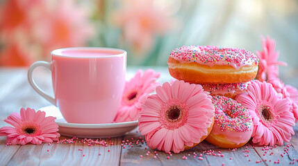 Sweet delight, donut and coffee amidst pink blossoms
