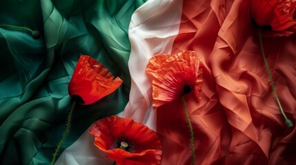 Red poppies on background with the Italian flag on Liberation Day (Festa della Liberazione).