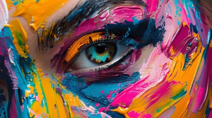 Artistic Colorful Makeup: Vibrant Strokes Across Face for Modern Art Posters, Creative Design...