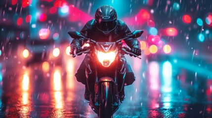 Fototapeta premium A motorcyclist rides fast in neon lights.