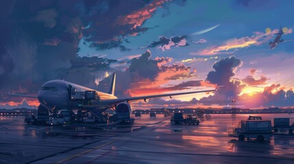 Early Dawn Cargo Airport Scene with Planes Being Loaded at Sunrise for Busy International Shipping