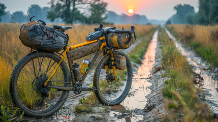 Fototapeta premium Bikepacking at sunrise on country trail