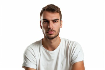 A young man in a white t shirt on a white background.