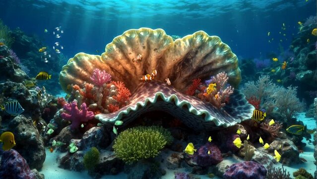 big sea shells under sea water and bubbles