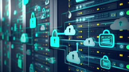 A secure cloud storage facility with virtual servers and data encrypted, represented by 3D icons of locks and digital streams. 