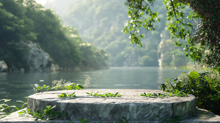 Fototapeta premium Natural stone podium in natural lake background with green leaves in the green jungle. Empty showcase for packaging product presentation. Background for cosmetic products. Mockup pedestal.