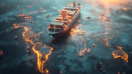 Technology Cargo Container Ship Futuristic Global Logistics international delivery concept, World map logistic and supply chain network distribution container export import to customs technology.
