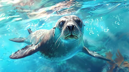Amazing Funny sea lion swimming underwater in the ocean, Animal theme
