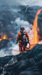 a firefighter in a thermal suit with this edited to his back with a tube connected with a gun which he is using to freeze magma running down the side of a volcano mountain