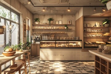 Cozy Organic Bakery Cafe Interior with Coffee and Pastries - Ideal for Print, Card, Poster Design