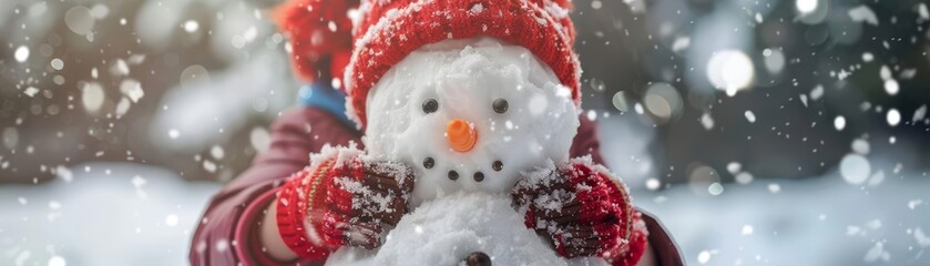 Child building a snowman, focus on the hands and snow, winter joy, selective focus, in a yard, whimsical, manipulation, snowcovered yard backdrop