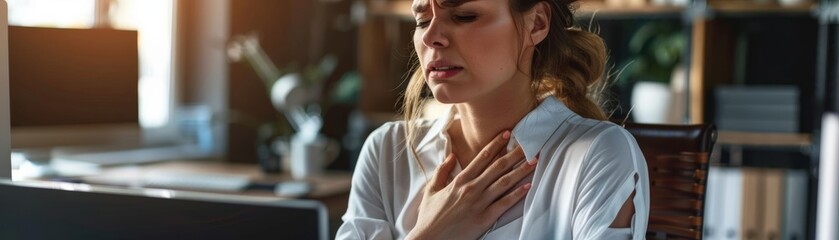 Woman feeling chest pain while working at a desk, focus on the discomfort, stressinduced pain, selective focus, in an office, vibrant, composite, computer backdrop