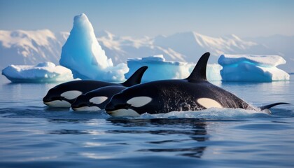 Fototapeta premium Groups of Orcas or killer whales swim and hunt for prey, the top of the food chain in a sea of ​​ice floes