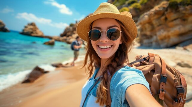 Happy woman backpacker traveler take a selfie photo on amazing ocean coast