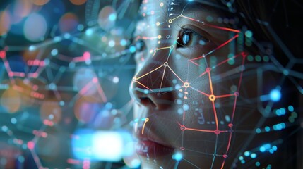 Cutting-Edge AI Facial Recognition Overlay on Analyst's Face in Advanced Security Operations Center with Real-Time Data and Digital Markers
