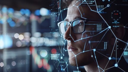 Cutting-Edge AI Facial Recognition Integration in Security Analysis Overlay on Analyst's Face in Operations Center