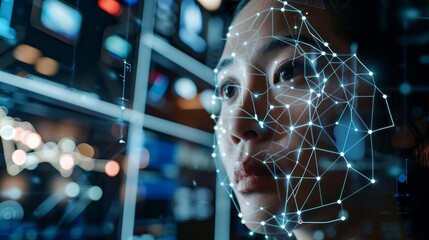 Futuristic High-Tech Security Analysis with AI Facial Mapping Overlay in Advanced Control Room