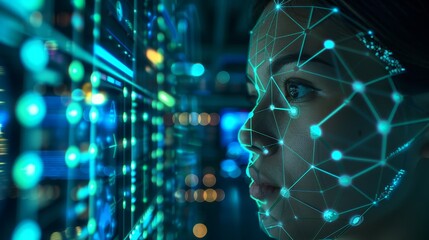 Futuristic Security Analyst Monitoring AI Facial Recognition Overlay in Modern Control Room with Real-Time Metrics