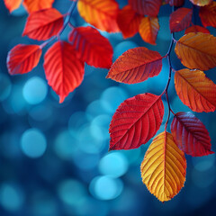 Fototapeta premium Colorful autumn background in panoramic format with red, yellow and green leaves framing a blue bokeh background
