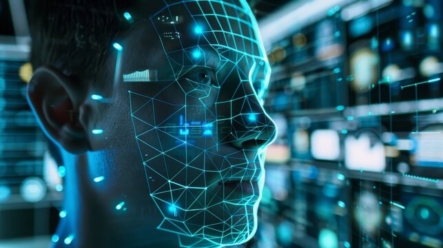 Cyber Security Analyst Using AI Facial Mapping Technology in Futuristic Control Room with Real-Time Data Display