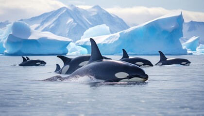 Fototapeta premium Groups of Orcas or killer whales swim and hunt for prey, the top of the food chain in a sea of ​​ice floes