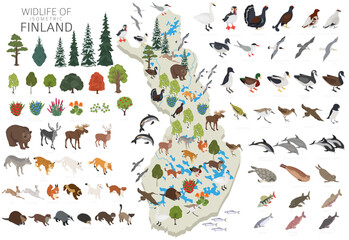 Isometric design of Finland wildlife. Animals, birds and plants constructor elements isolated on white set. Build your own geography infographics collection