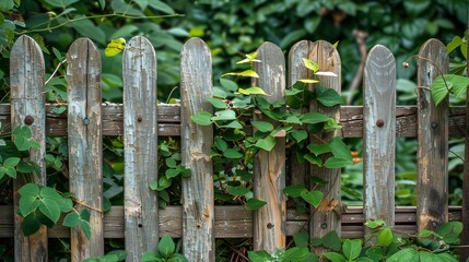 Naklejka premium Picket fence adorned with leafy plants, part of natural landscape