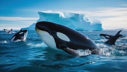 Fototapeta premium Groups of Orcas or killer whales swim and hunt for prey, the top of the food chain in a sea of ​​ice floes