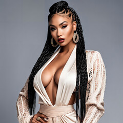 Attractive Black Model  with Glamorous Box Braids. Sensual Fashion Portrait of a Black Woman