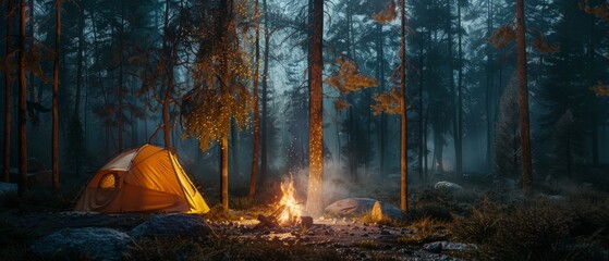 A small orange tent is set up in a forest with a fire burning nearby