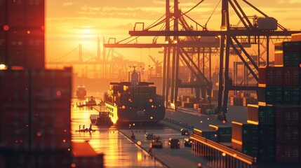 Detailed 3D Illustration of a Cargo Terminal at Sunset with Freight Ship and Workers Highlighting Logistics in Global Trade