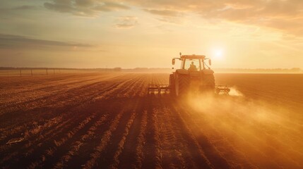 Fototapeta premium Tractor Plowing Field at Golden Hour