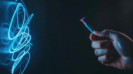 advertising photography, cinematic, a close-up of a young man’s hand holding a stylus pen, drawing a blue neon line house plan in the air against a solid black background. Bright colors bring the